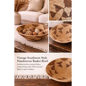 Vintage Southwest Style Handwoven Basket Bowl Tribal Geometric Basket Natural